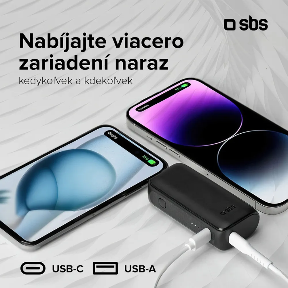 SBS - PowerBank 5000 mAh 10 W, Intelligent Charge, NanoTube, USB-C, čierna