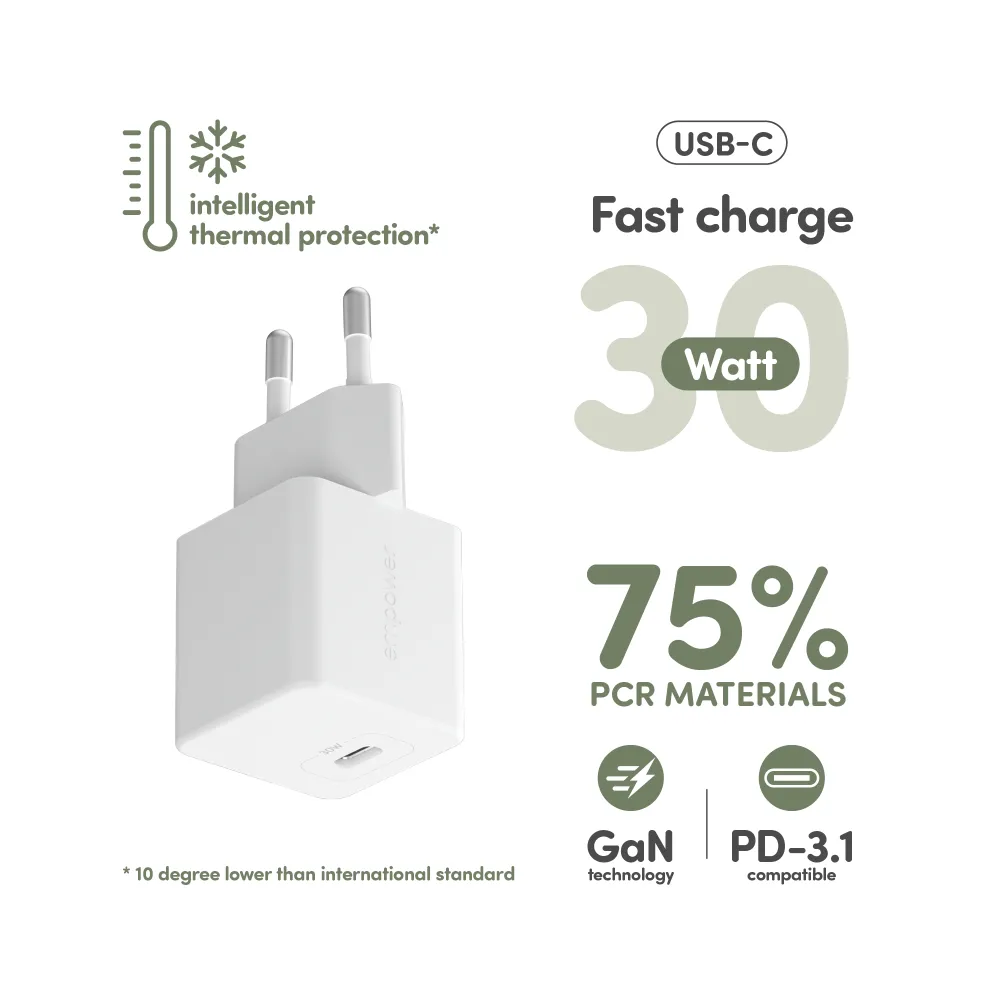 empower - Cestovný adaptér Grand Prix USB-C, GaN, 30 W PD, striebornobiela