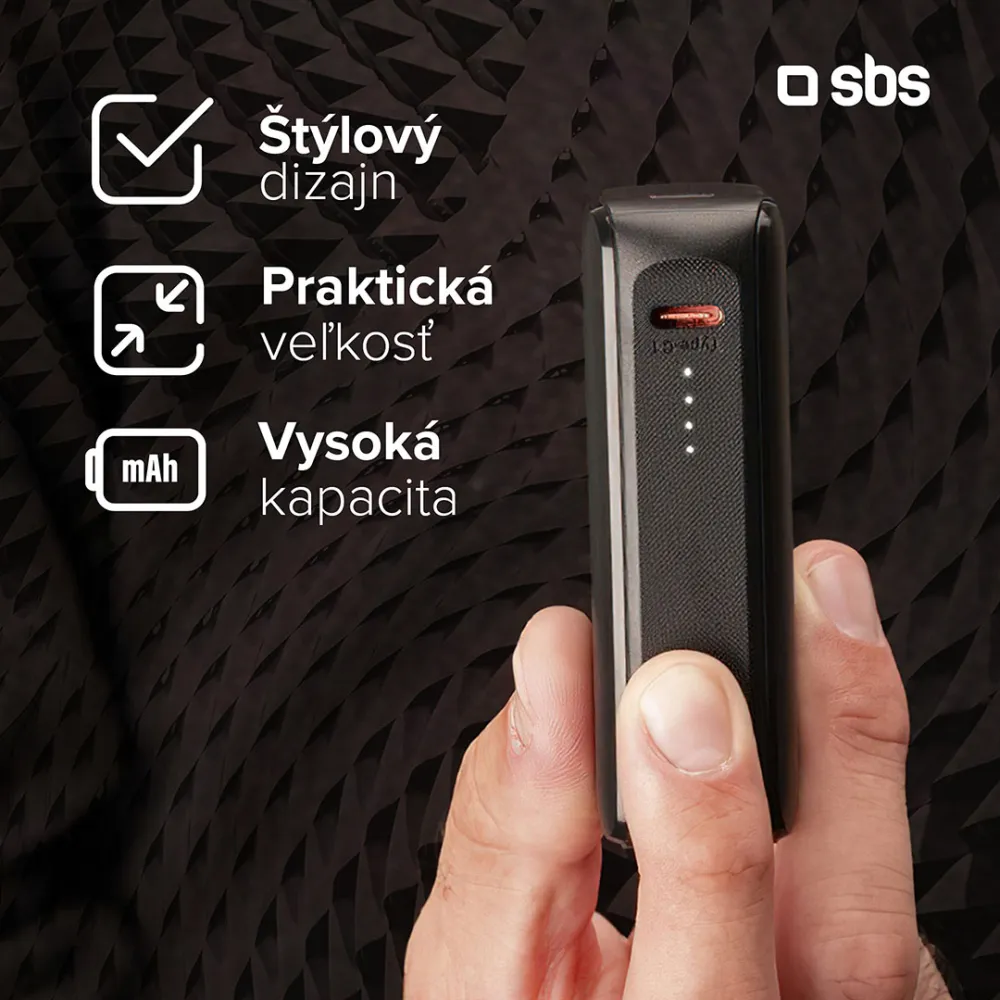 SBS - PowerBank 5000 mAh 10 W, Intelligent Charge, NanoTube, USB-C, čierna