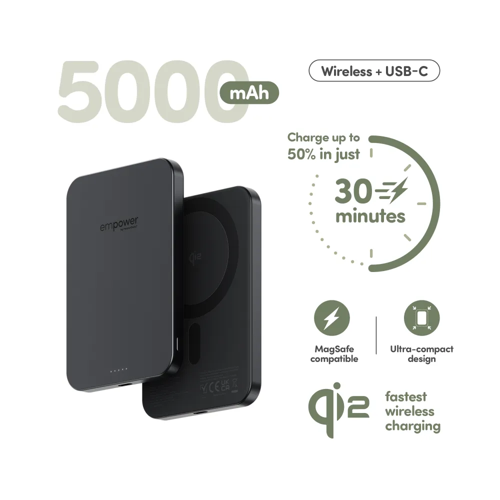 empower - Bezdrôtová PowerBank 5000 mAh 20 W, kompatibilná s MagSafe, Qi2/USB-C, vesmírna čierna