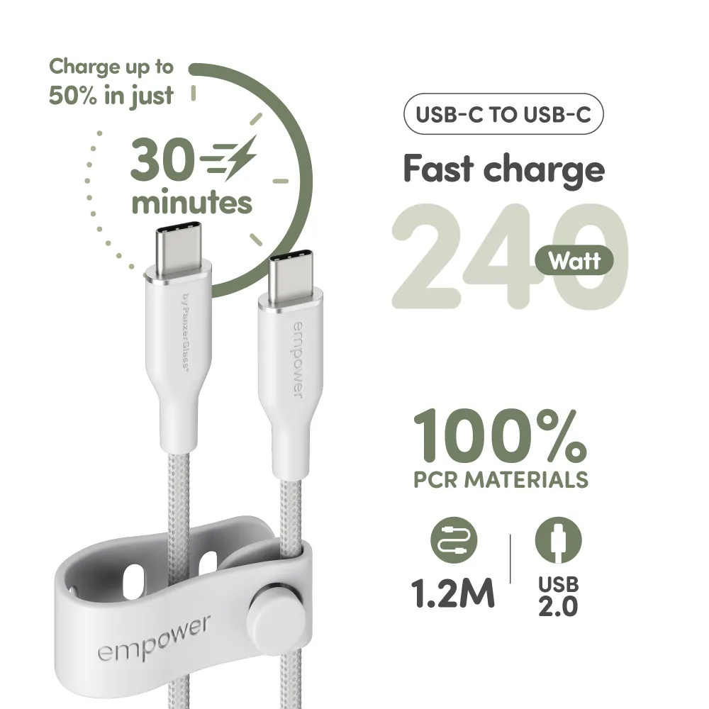 empower - Kábel USB-C, 240 W, Racing, 1,2 m, striebornobiela