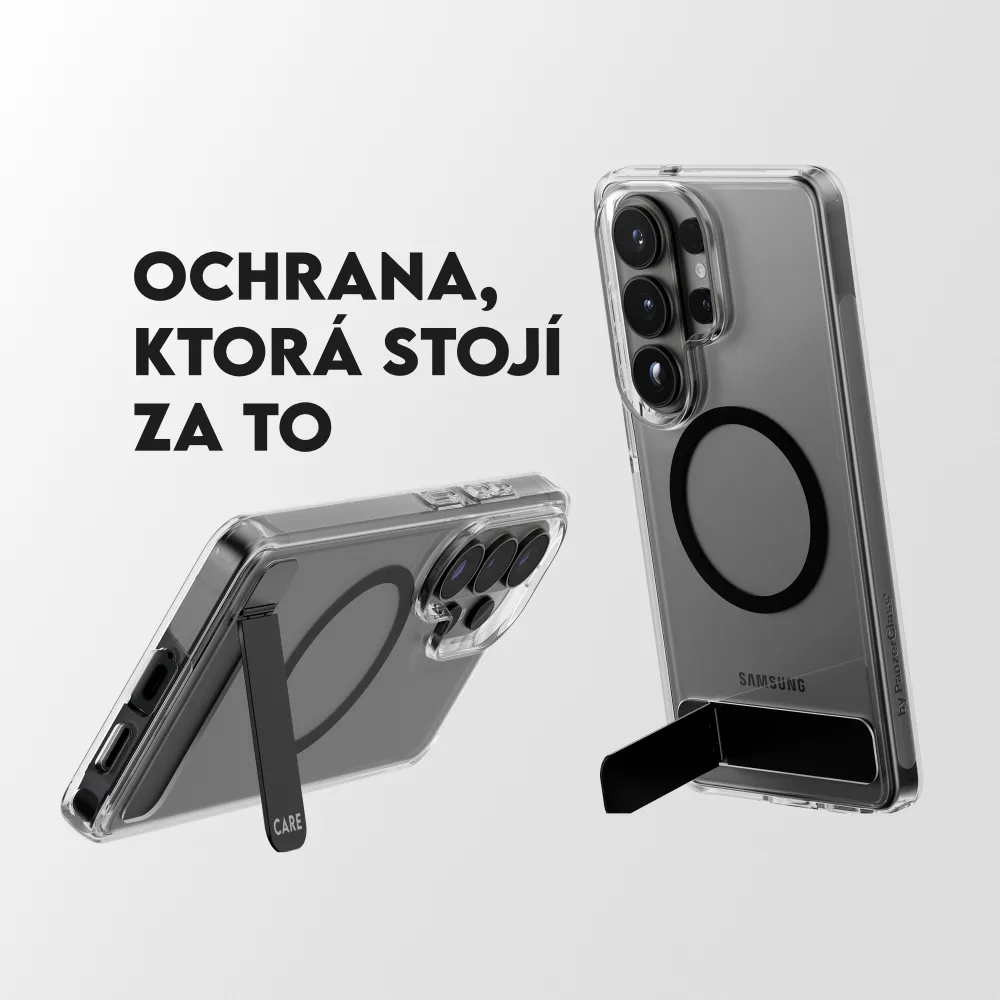 CARE - Puzdro Kickstand s čiernym QI pre Samsung Galaxy S26, transparentná