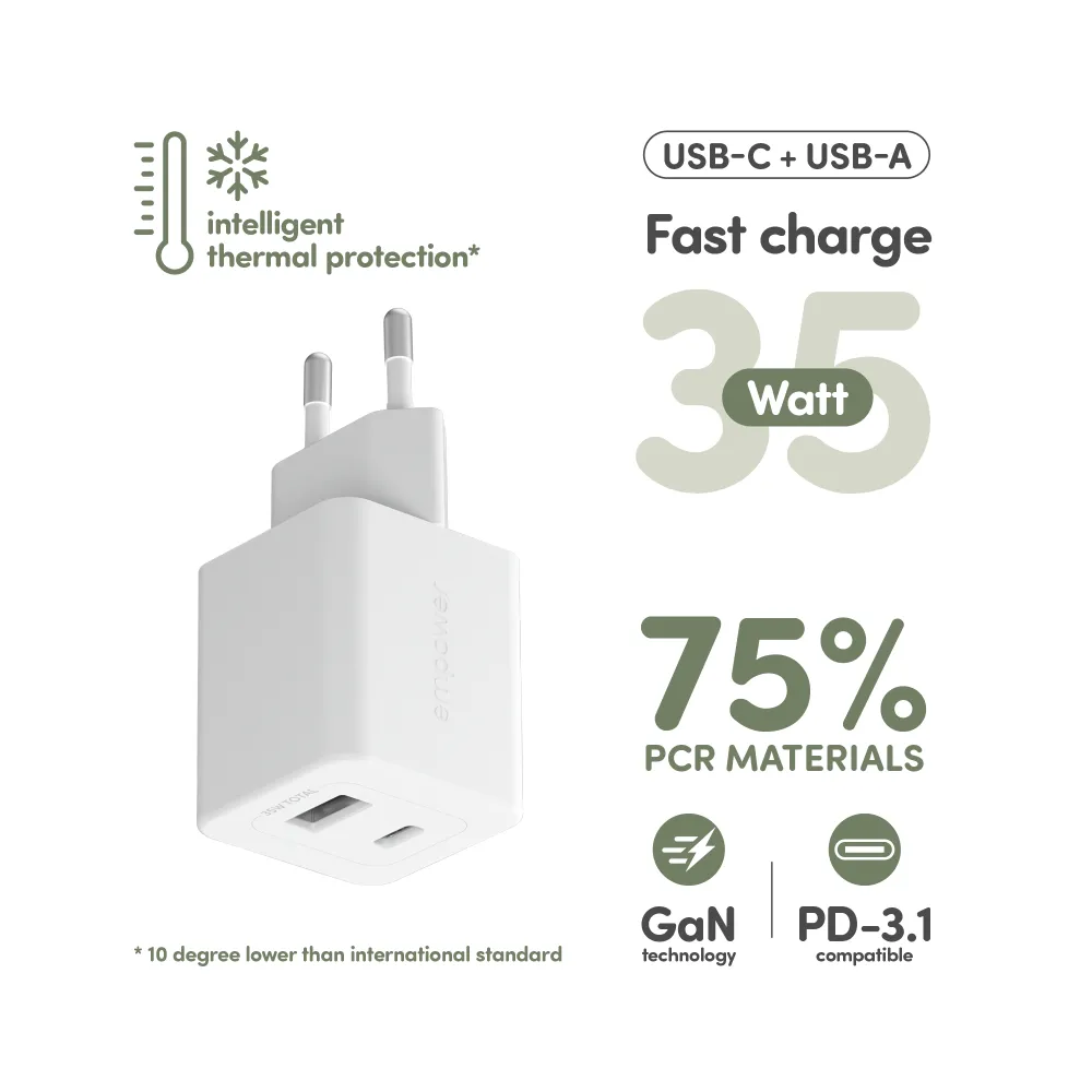 empower - Cestovný adaptér Grand Prix USB-C/USB-A, GaN, 35 W PD, striebornobiela