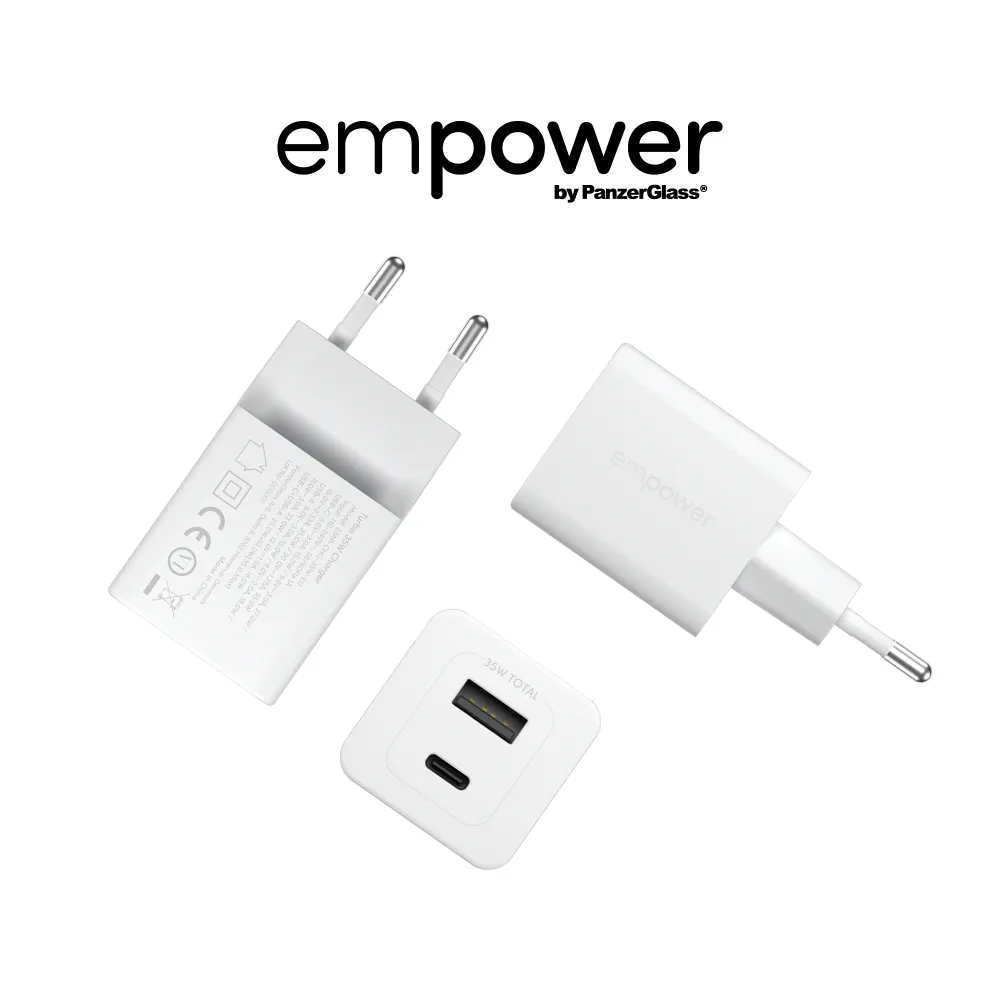 empower - Cestovný adaptér Grand Prix USB-C/USB-A, GaN, 35 W PD, striebornobiela