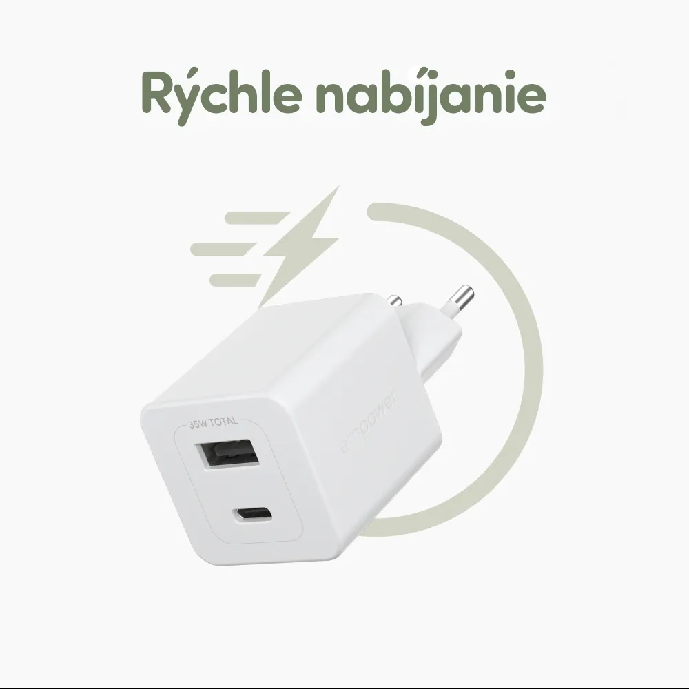 empower - Cestovný adaptér Grand Prix USB-C/USB-A, GaN, 35 W PD, striebornobiela