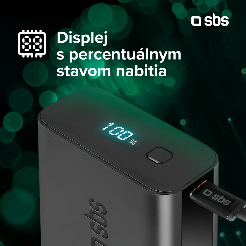 SBS - Powerbank 10000 mAh 20 W, Power Delivery, LCD, s integrovaným káblom, 2x USB-C/USB-A, čierna