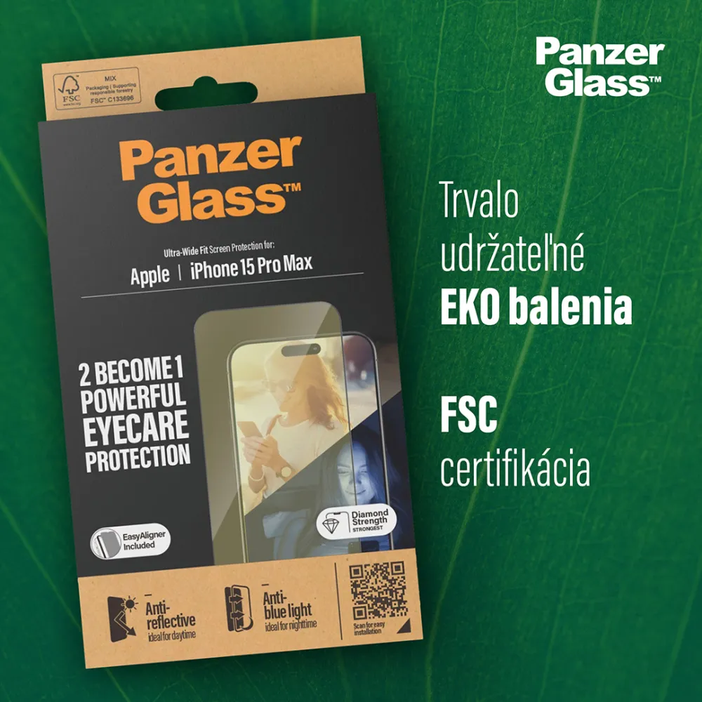 PanzerGlass - Tvrdené sklo UWF Eyecare s aplikátorom pre iPhone 15 Pro Max, čierna