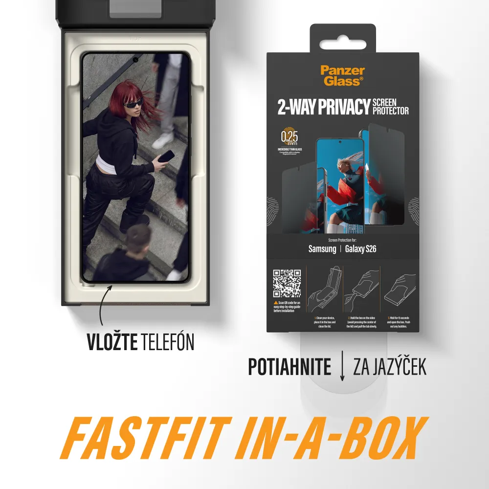 PanzerGlass - Tvrdené sklo UWF 2-Way Privacy s FASTFIT In-A-Box pre Samsung Galaxy S26 Ultra, číra