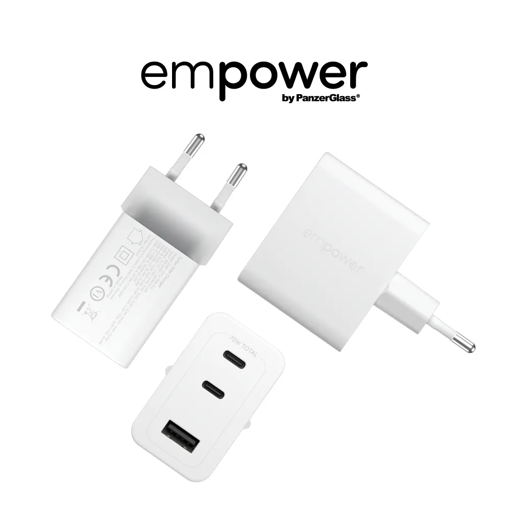 empower - Cestovný adaptér Grand Prix 2x USB-C/USB-A, GaN, 70 W PD, striebornobiela