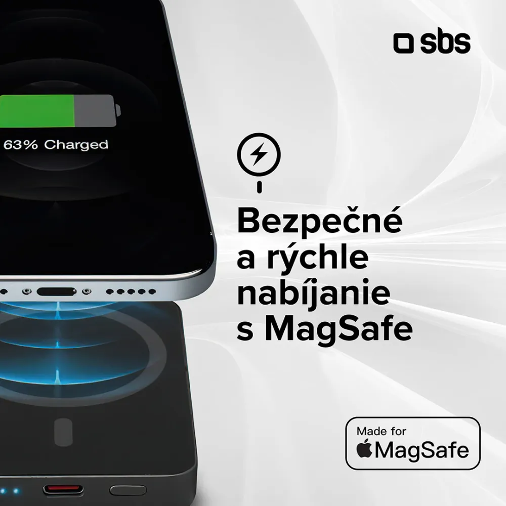 SBS - Bezdrôtová PowerBank 5000 mAh 20 W, s integrovaným káblom, Mag, USB-C, PD, čierna