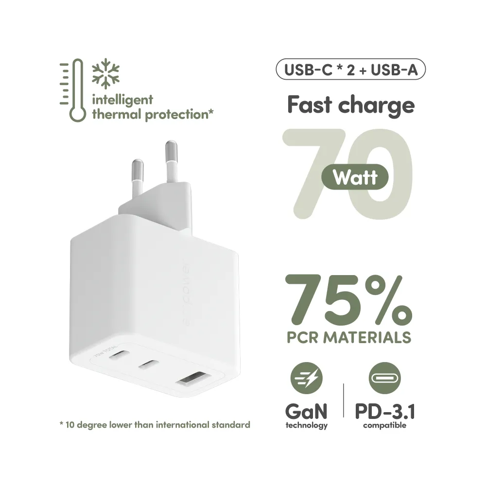 empower - Cestovný adaptér Grand Prix 2x USB-C/USB-A, GaN, 70 W PD, striebornobiela