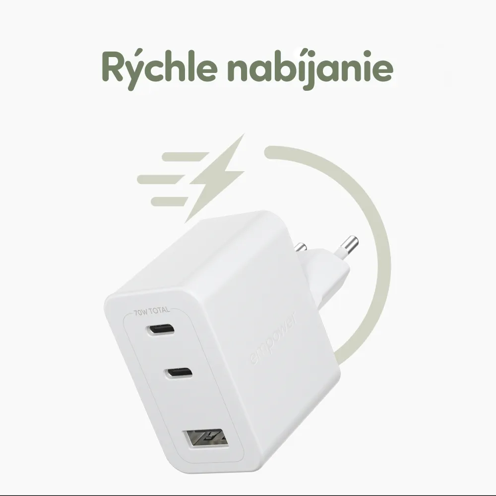 empower - Cestovný adaptér Grand Prix 2x USB-C/USB-A, GaN, 70 W PD, striebornobiela