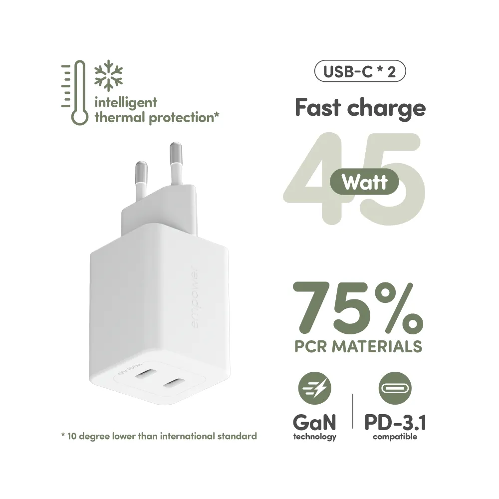 empower - Cestovný adaptér Grand Prix 2x USB-C, GaN, 45 W PD, striebornobiela