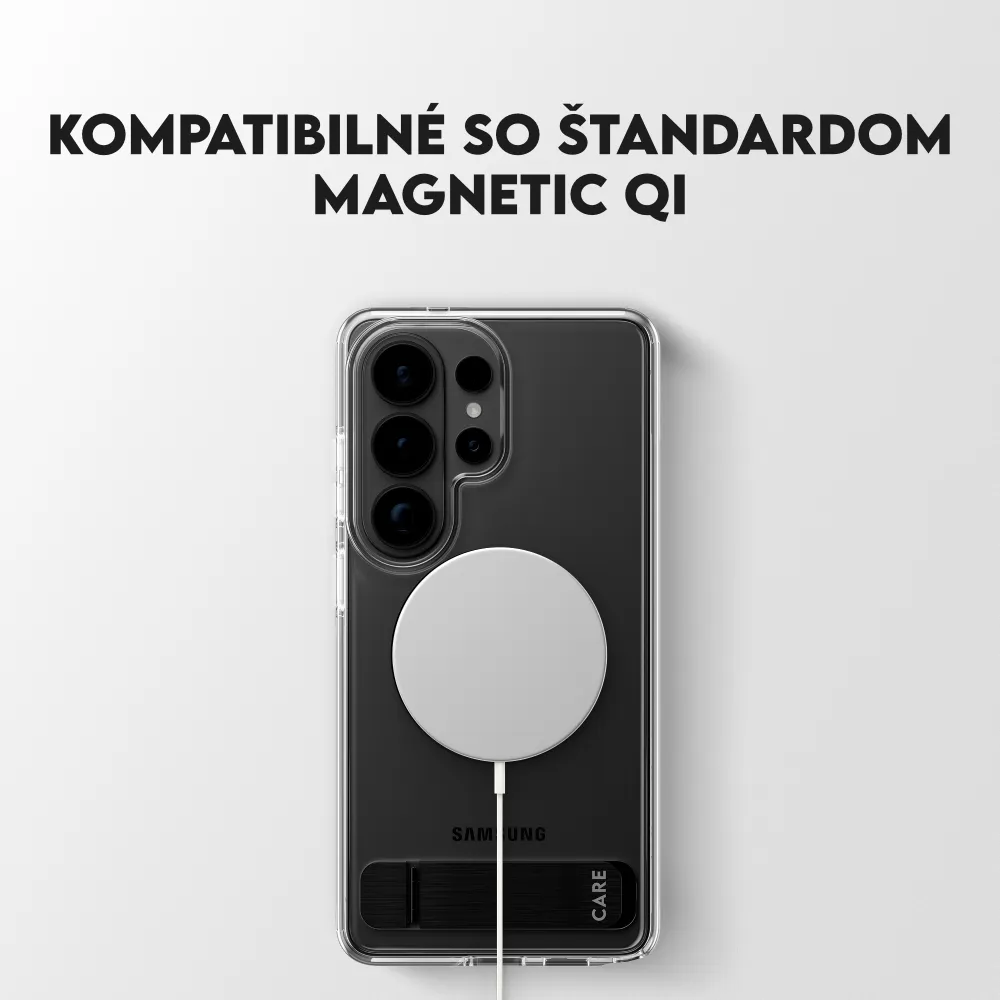 CARE - Puzdro Kickstand s čiernym QI pre Samsung Galaxy S26, transparentná