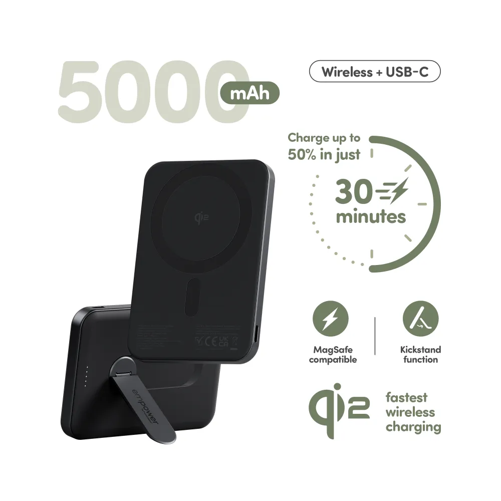 empower - Bezdrôtová PowerBank 5000 mAh, s otočným stojanom 20 W, kompatibilná s MagSafe, Qi2/USB-C, vesmírna čierna