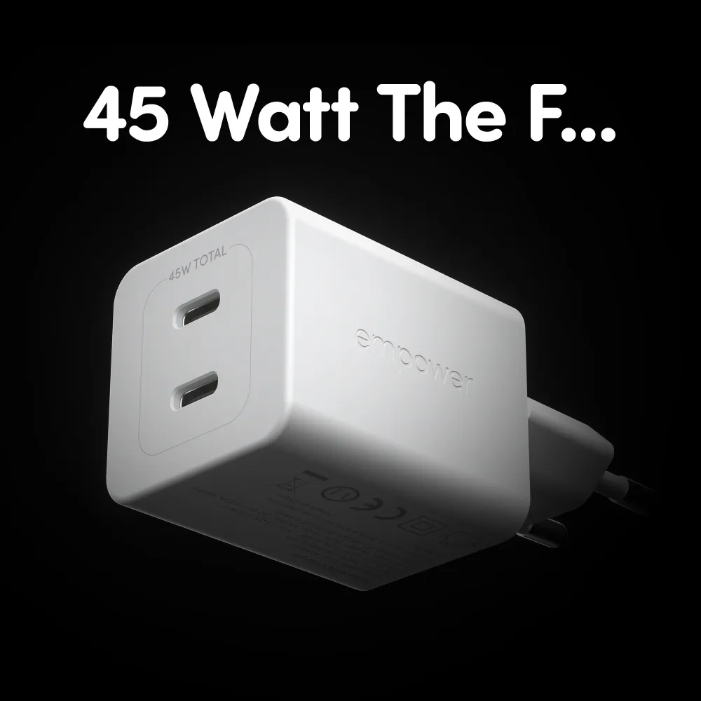 empower - Cestovný adaptér Grand Prix 2x USB-C, GaN, 45 W PD, striebornobiela
