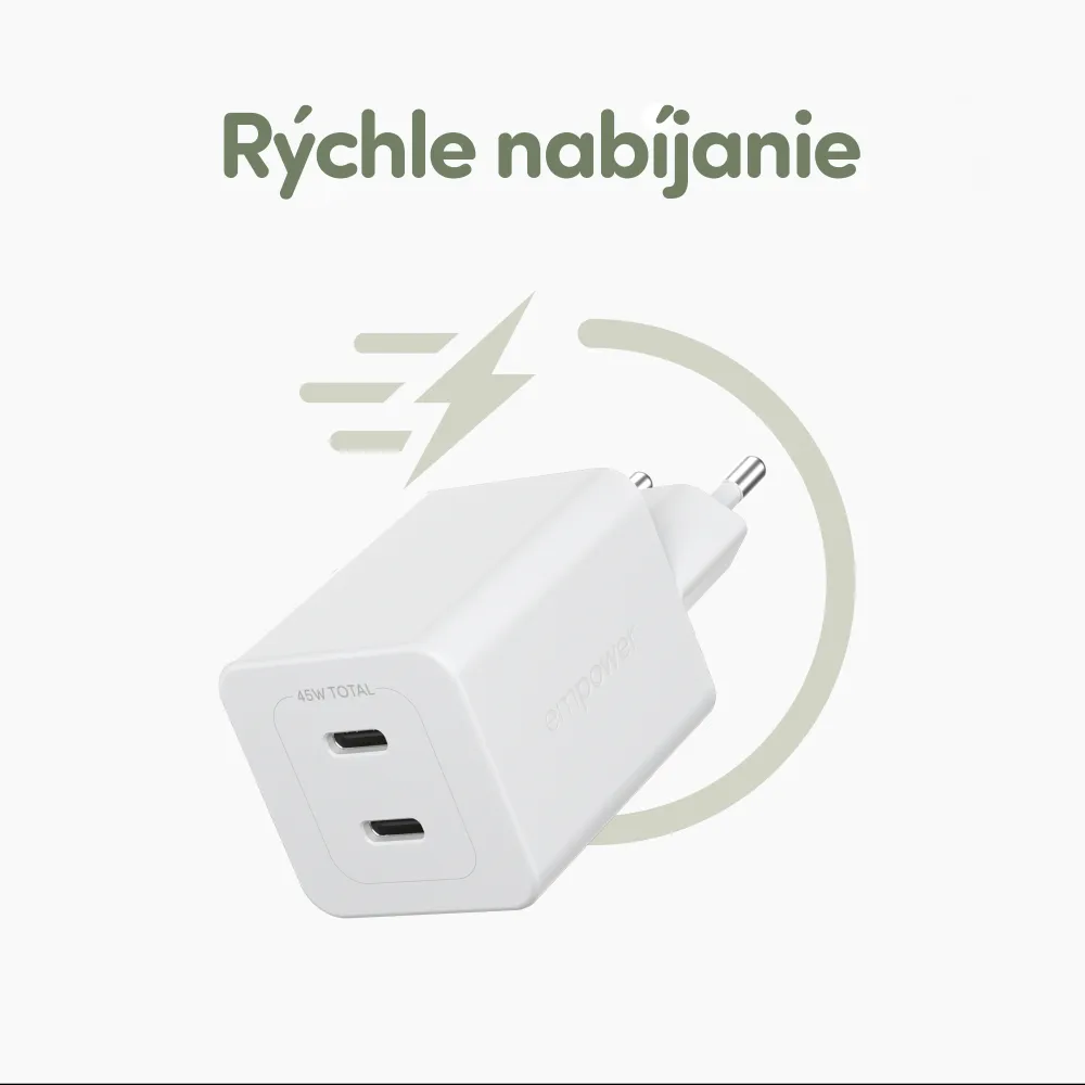 empower - Cestovný adaptér Grand Prix 2x USB-C, GaN, 45 W PD, striebornobiela