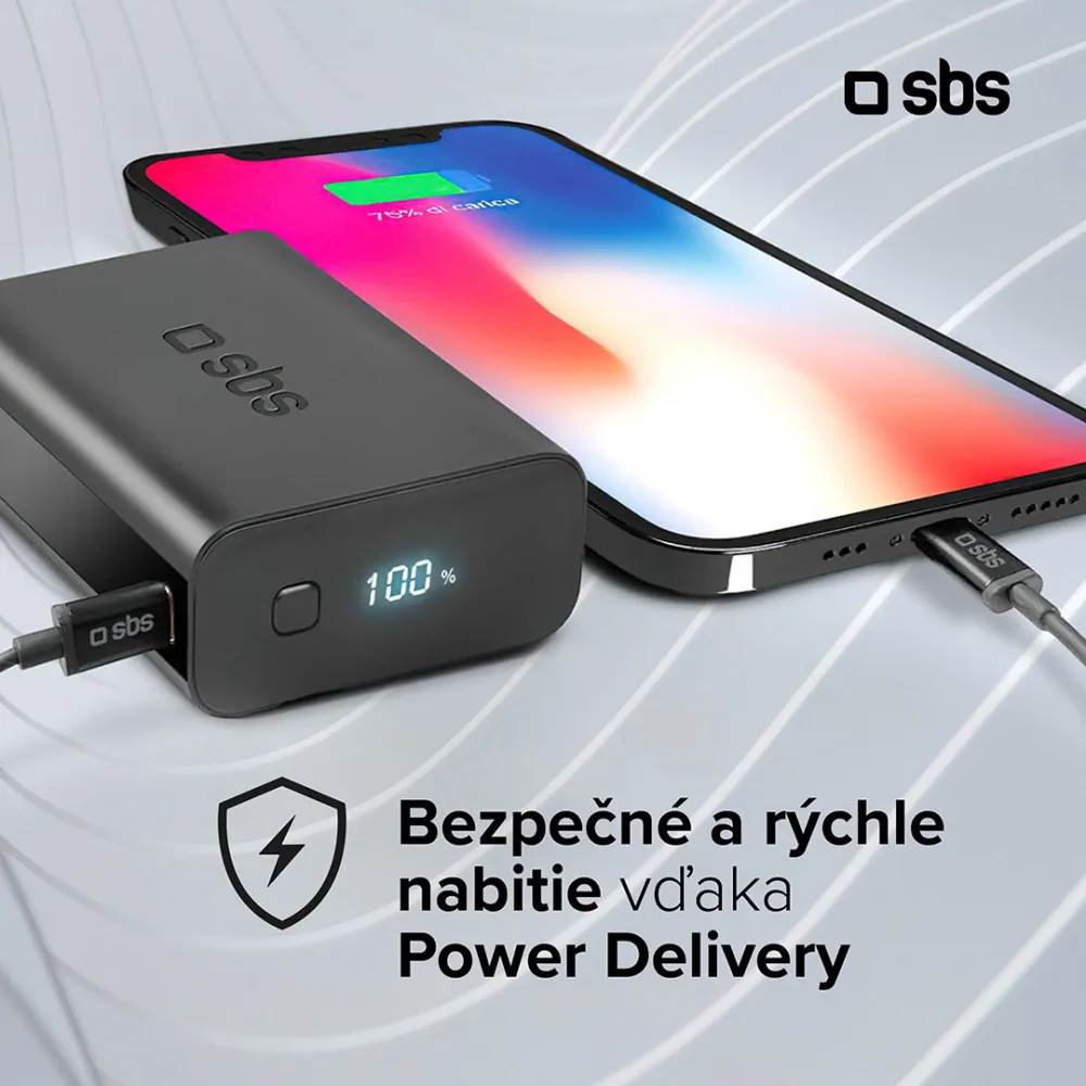 SBS - Powerbank 10000 mAh 20 W, Power Delivery, s integrovaným káblom, 2x USB-C/USB-A, čierna