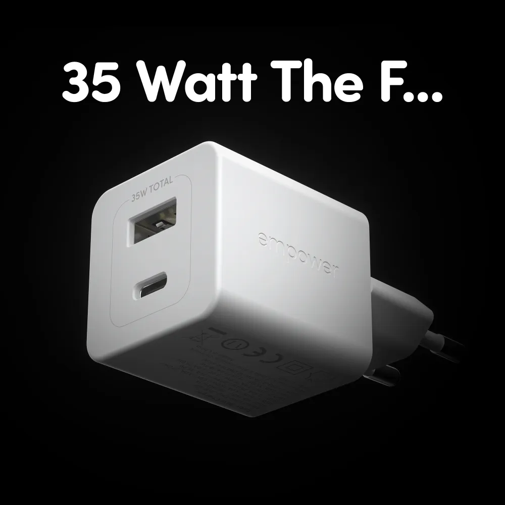 empower - Cestovný adaptér Grand Prix USB-C/USB-A, GaN, 35 W PD, striebornobiela
