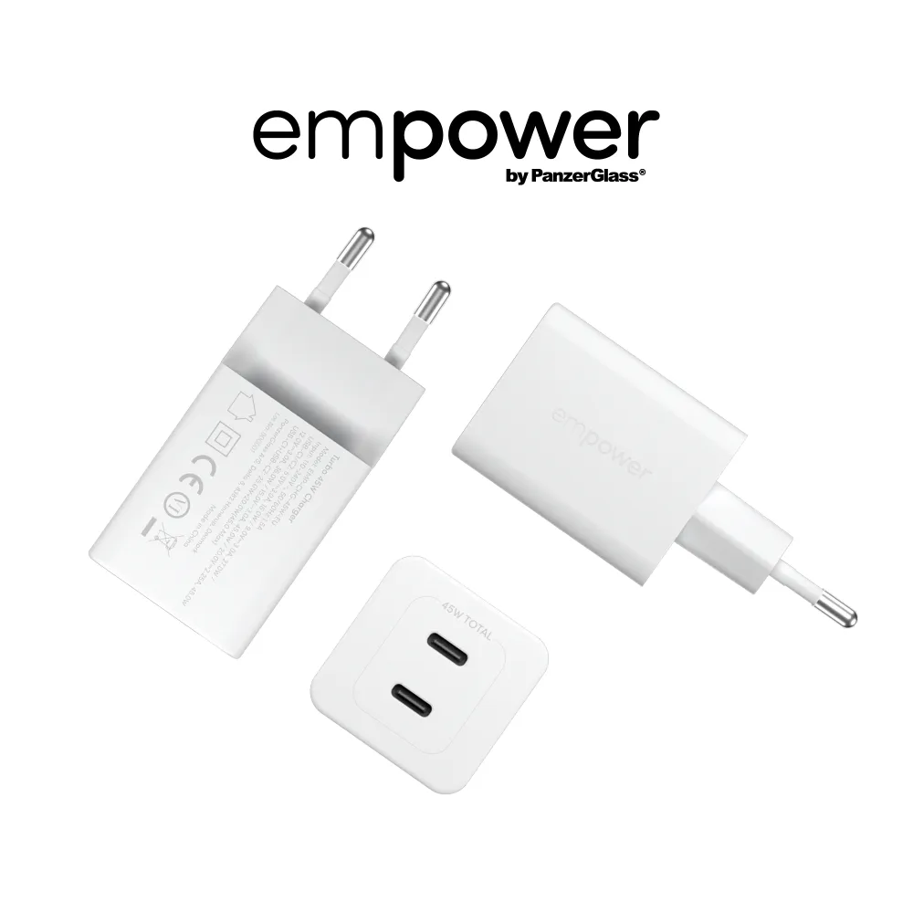 empower - Cestovný adaptér Grand Prix 2x USB-C, GaN, 45 W PD, striebornobiela