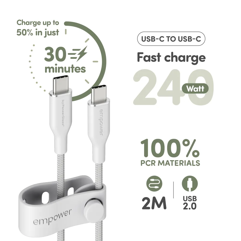 empower - Kábel USB-C, 240 W, Racing, 2 m, striebornobiela